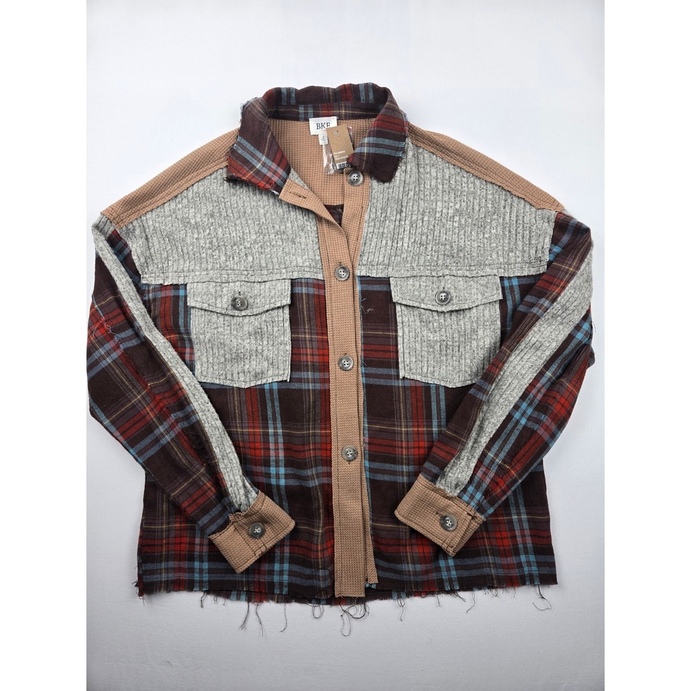 BKE Plaid Flannel Shirt Jacket (Shacket) Distressed Raw Hem Women's Small NWT